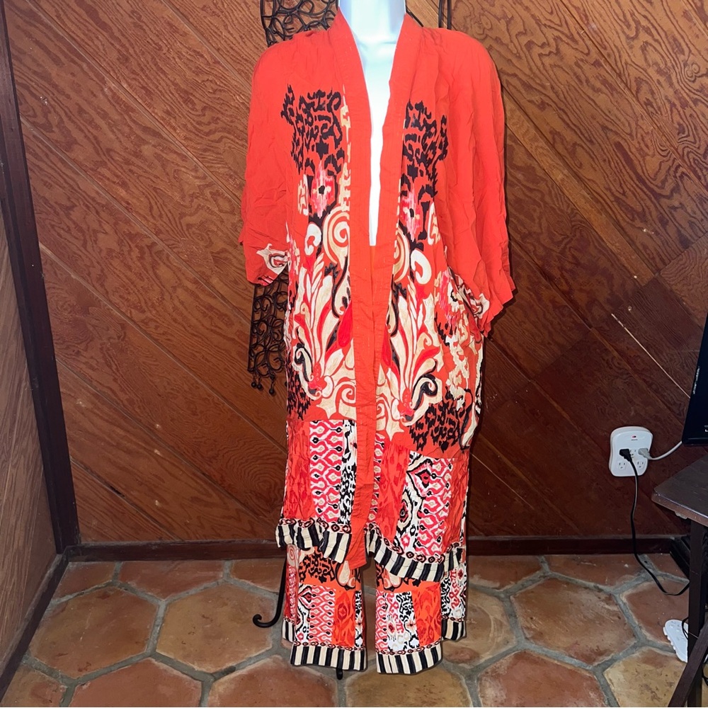 Chicos 2 Pc Set Boho Festival Kimono Pant Set Patchwork Tribal Geometric US sz 2